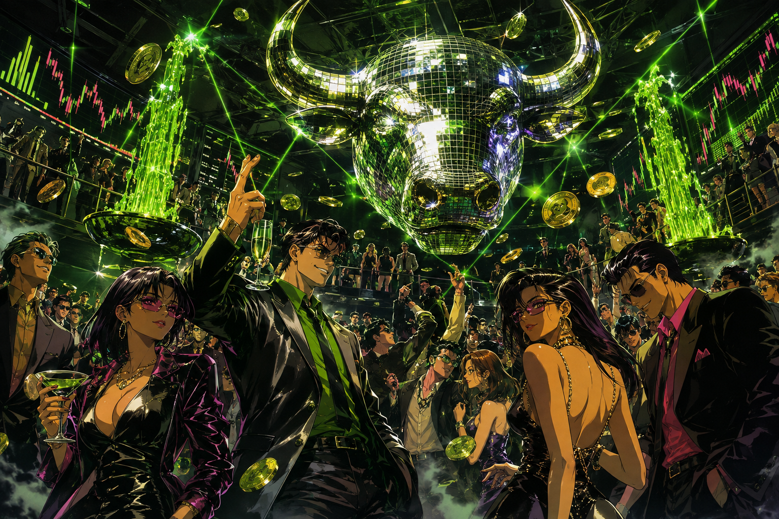 Adult crypto traders partying beneath a mirrored bull disco ball