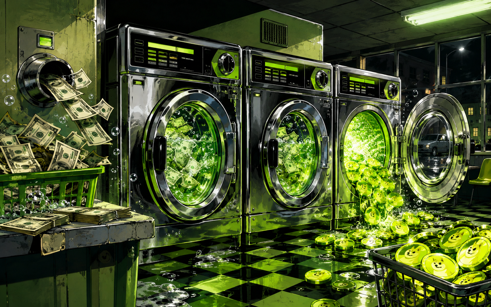 Neon laundromat turning cash into glowing meme coins