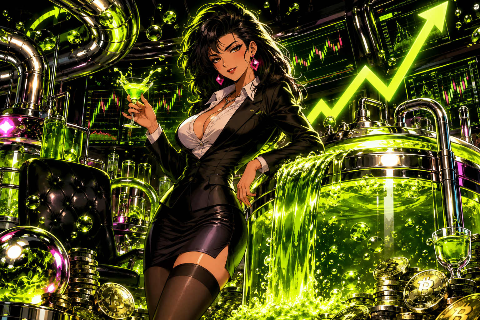Adult anime finance hostess beside glowing liquidity tanks and trading charts