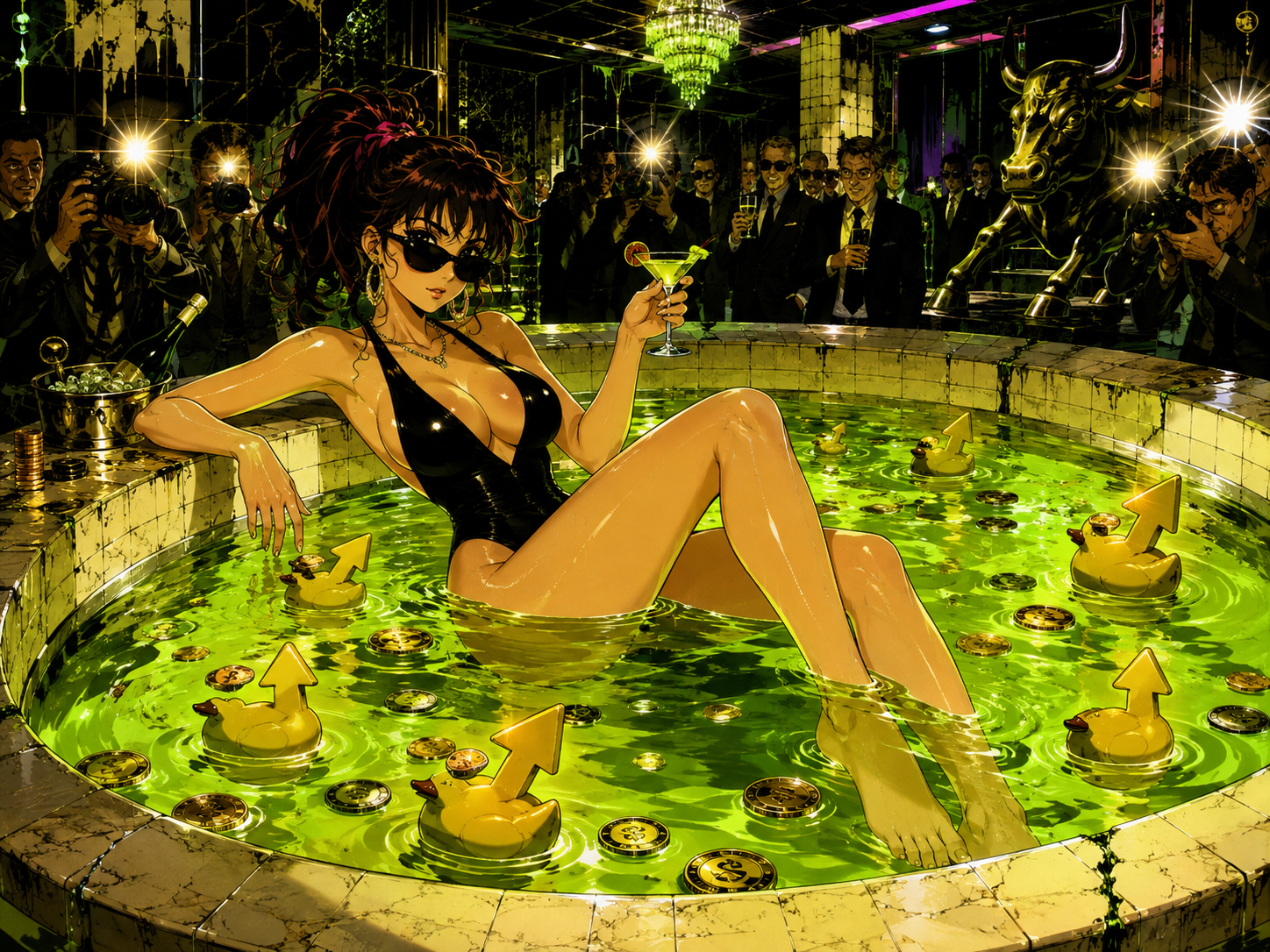 Adult anime hostess relaxing in a ridiculous neon liquidity pool