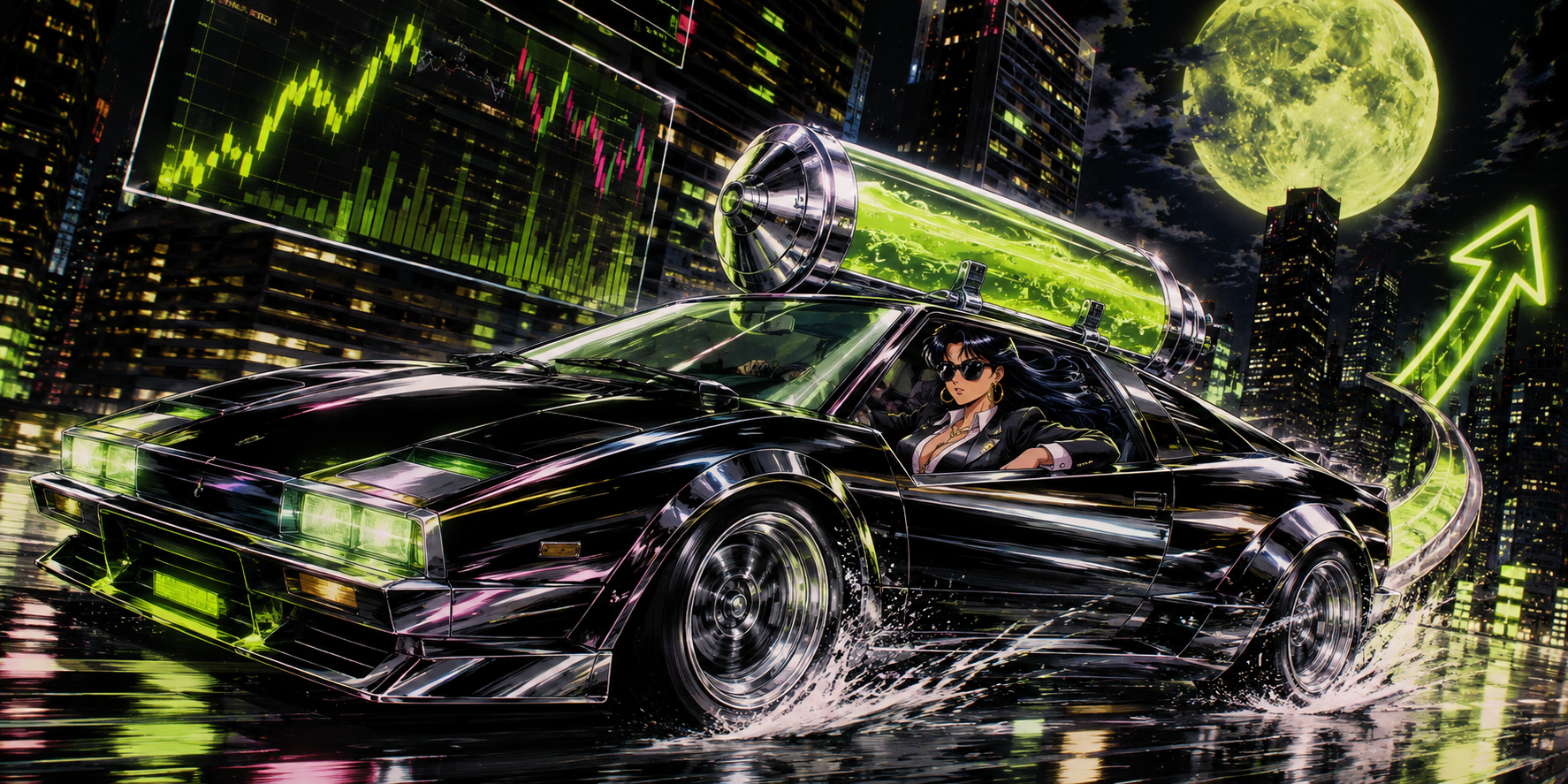 Black sports car carrying a glowing liquidity tank through a neon city