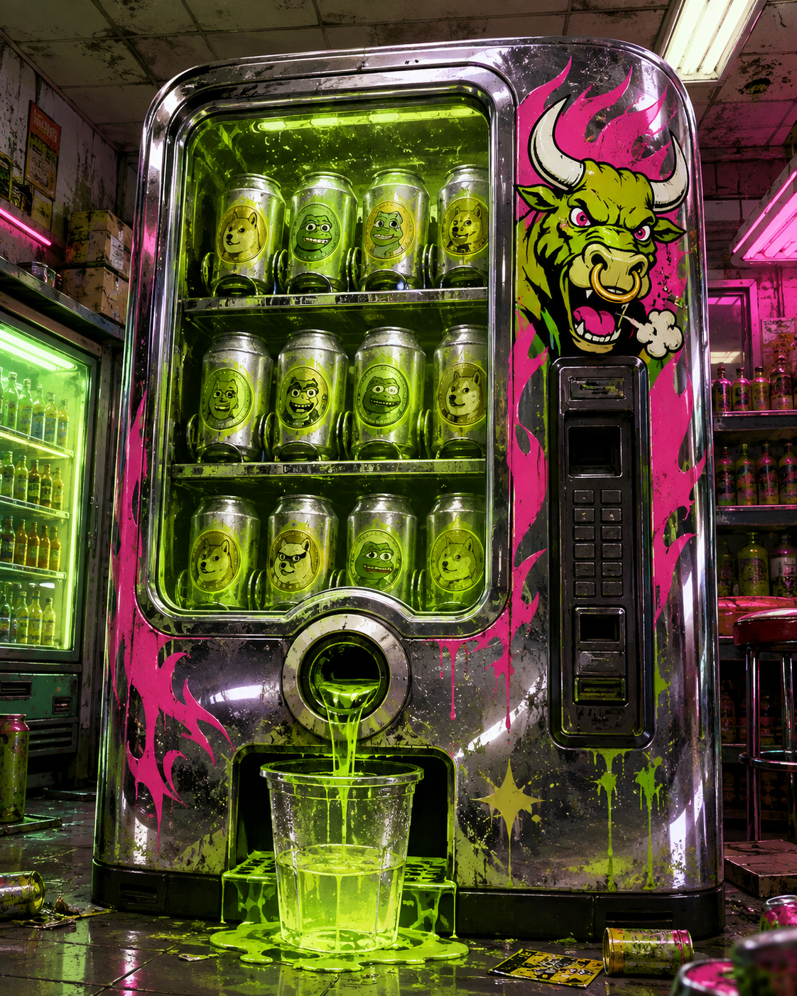 Chrome vending machine dispensing glowing green meme coin liquid
